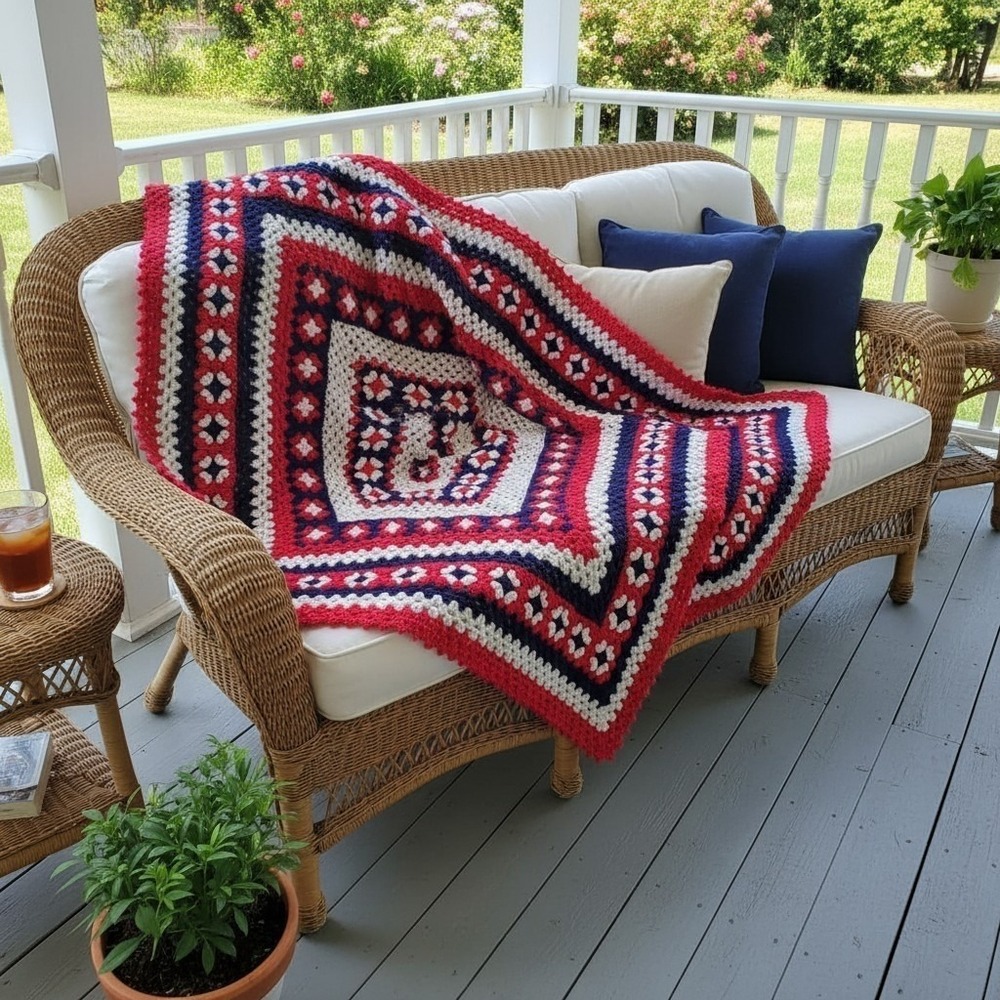 Crochet Granny Square Afghan Red White Blue 65"x 47" Couch Throw‎ Vintage
